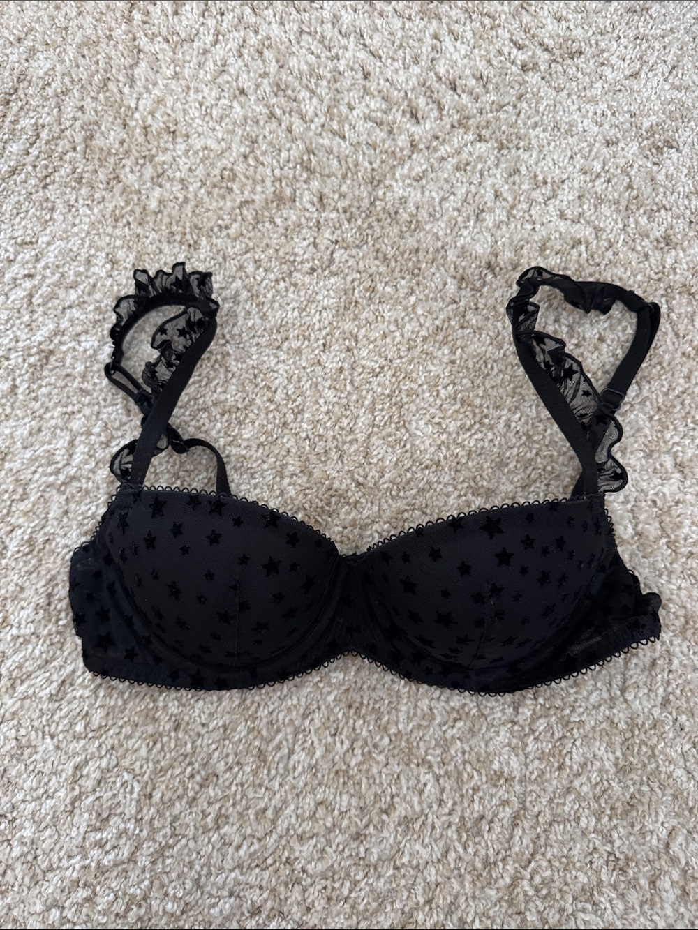 PINK Victoria's Secret Black Star-Pattern Balcony Bra with Ruffled Straps